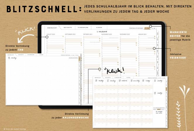 Schulhalbjahre in der Übersicht mit Verlinkung zu den Kalenderwochen, Jahresübersicht Lehrerplaner für Schuljahr 2023 2024, Terminkalender zum Download